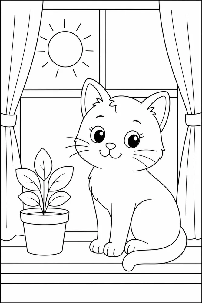 Simple cat by a sunny window and plant pot coloring page for kids
