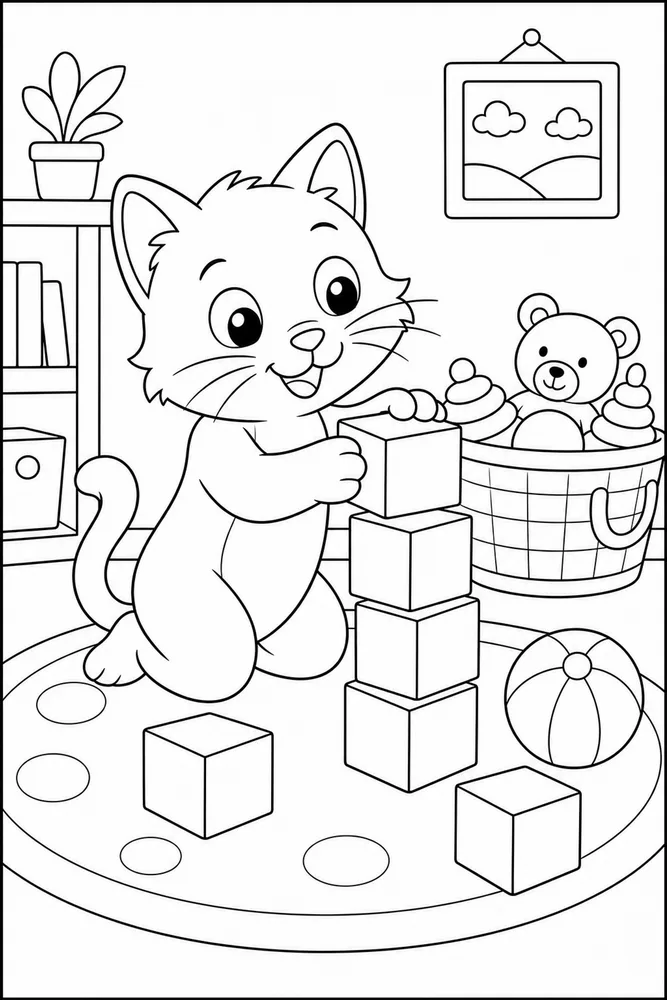 Simple cat stacking blank toy blocks coloring page for kids