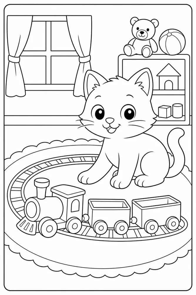 Easy cat beside a toy train track coloring page for kids