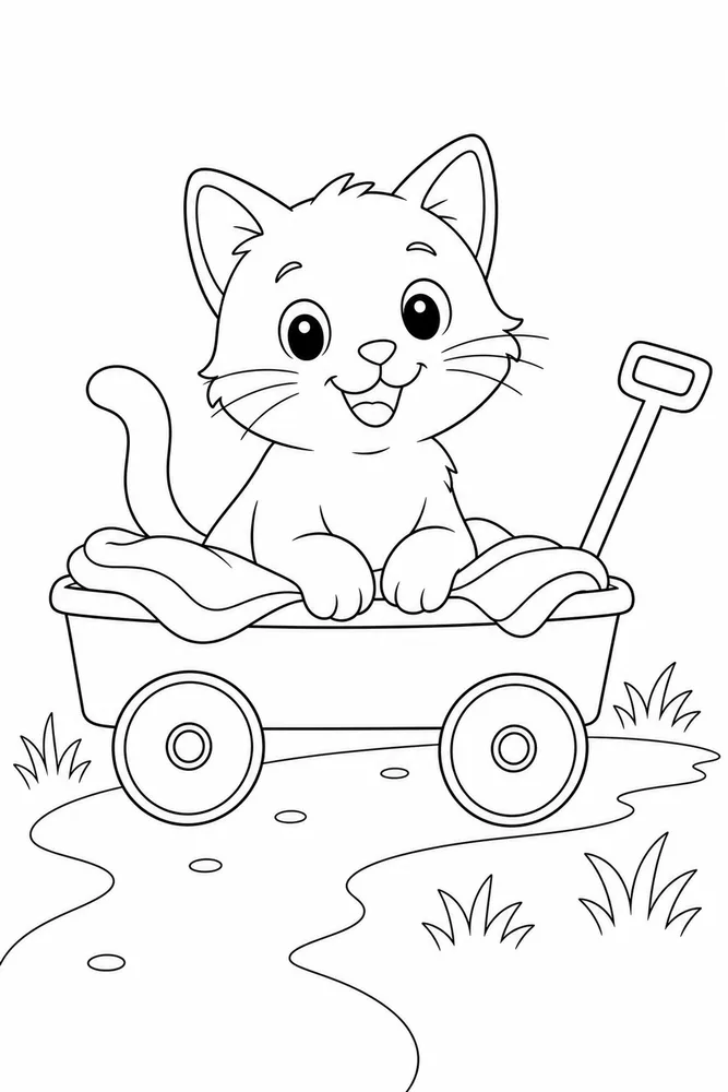 Simple cat riding in a small wagon coloring page for kids