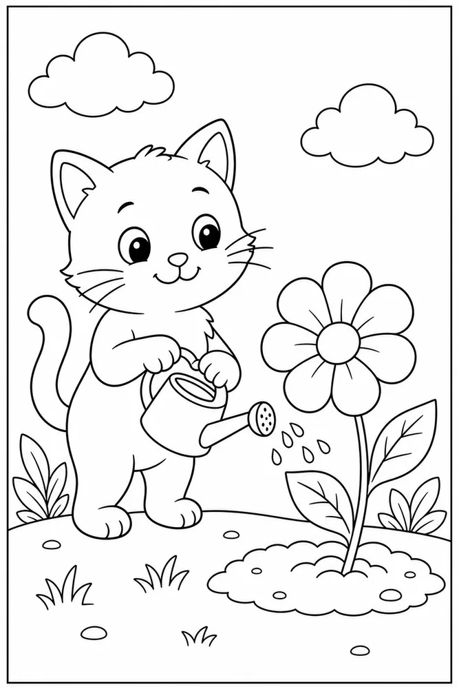 Easy cat watering one large flower coloring page for kids