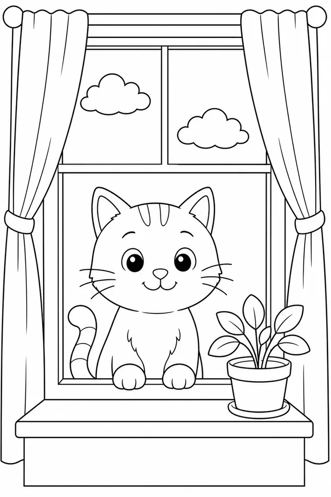 Easy cat looking through a window with curtains coloring page for kids