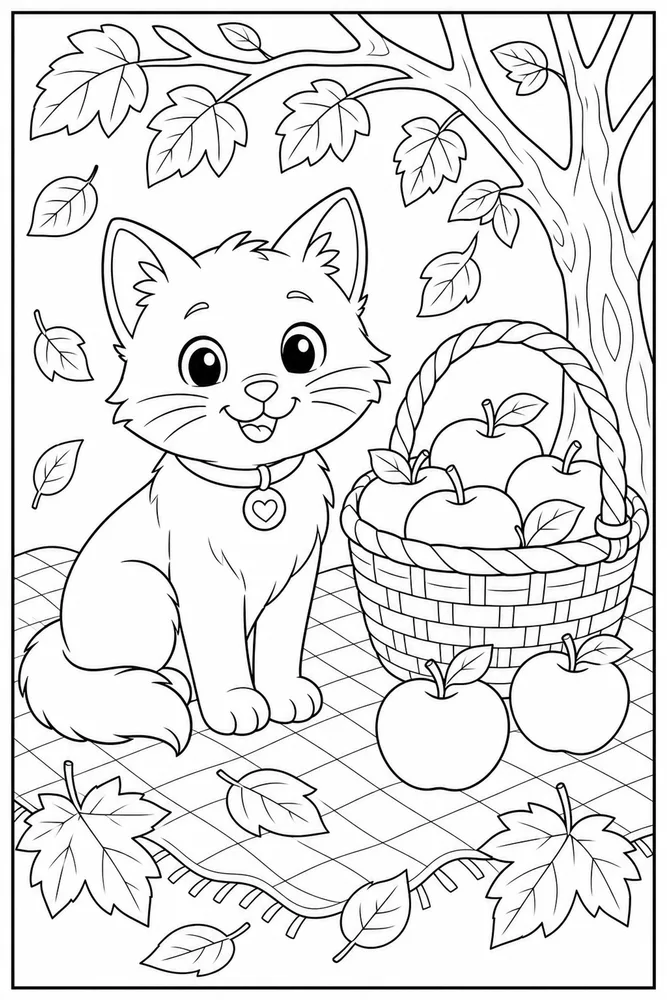 Food Cat Apple Basket printable coloring page for kids