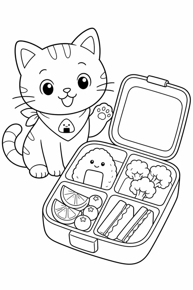 Food Cat Bento Lunch printable coloring page for kids