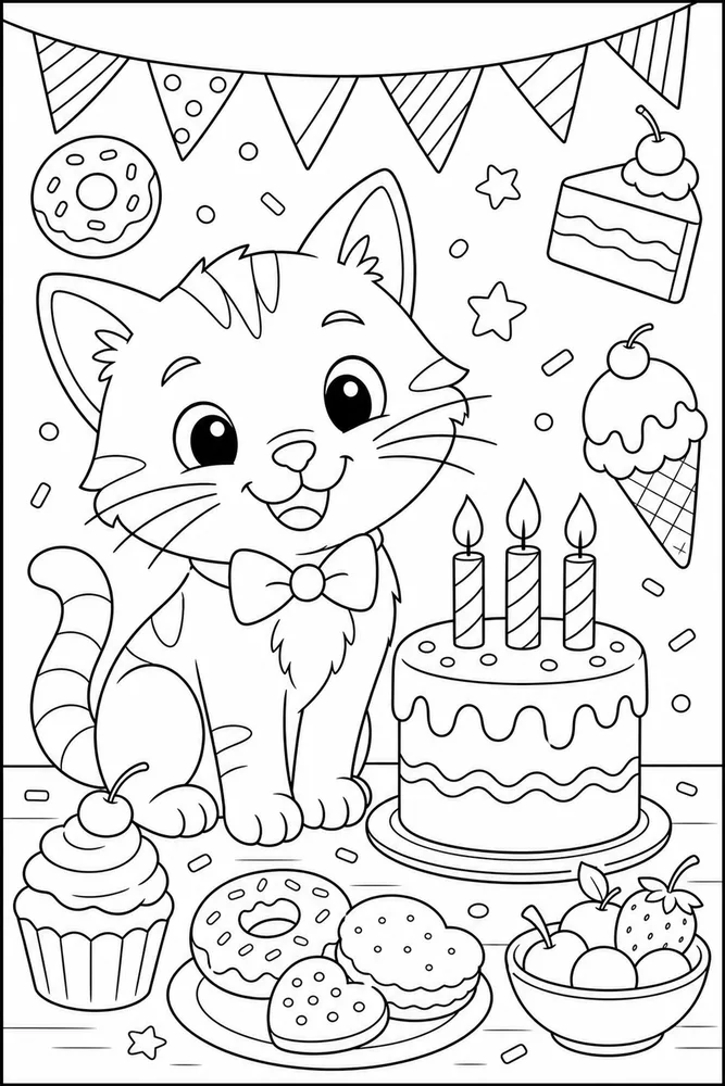 Food Cat Birthday Cake printable coloring page for kids