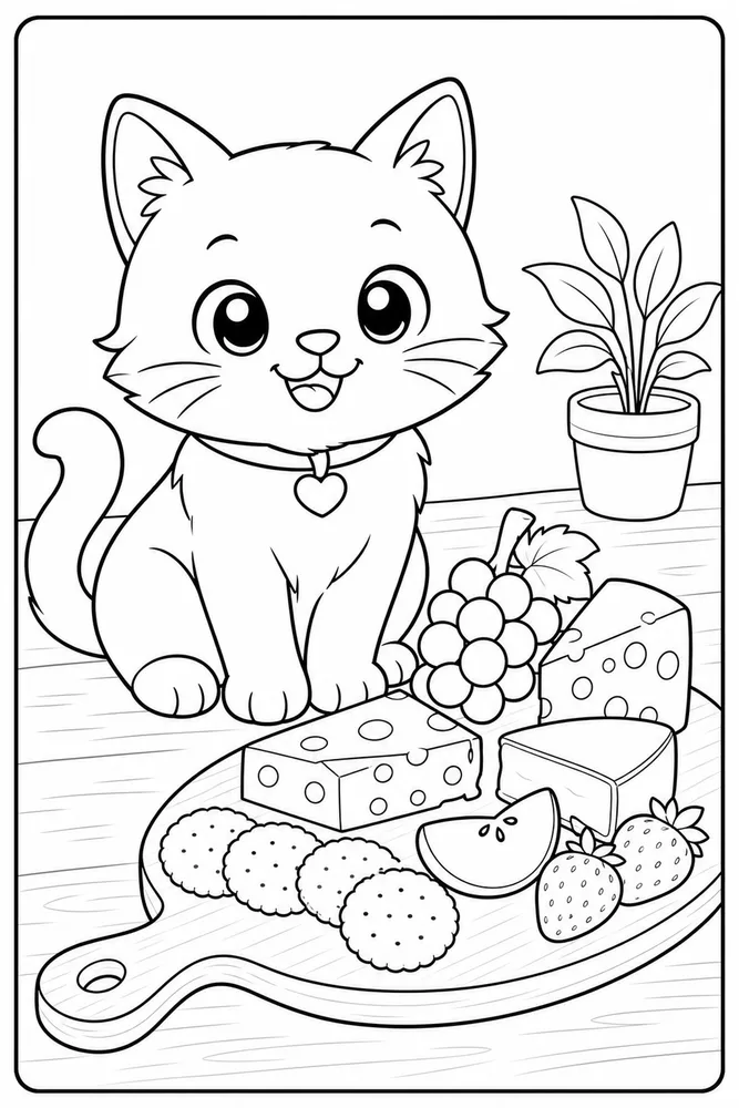 Food Cat Cheese Board printable coloring page for kids