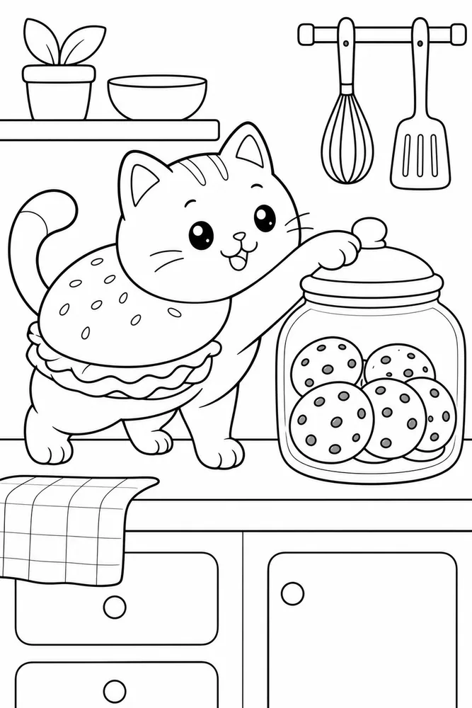 Food Cat Cookie Jar printable coloring page for kids