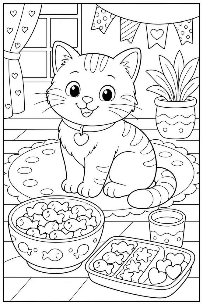 Food Cat Cracker Bowl printable coloring page for kids