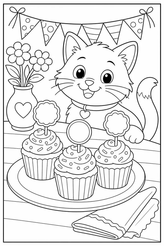Food Cat Cupcake Plate printable coloring page for kids