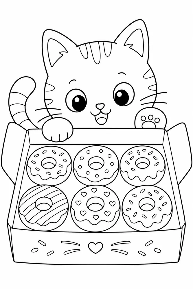 Food Cat Donut Box printable coloring page for kids