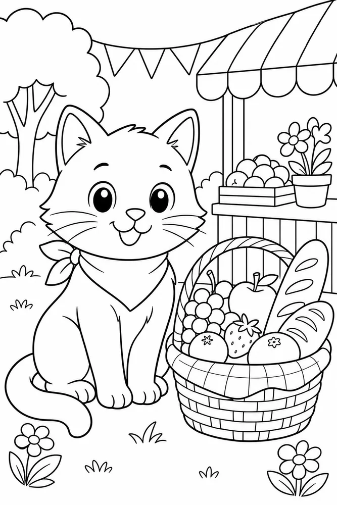 Food Cat Farmers Market printable coloring page for kids