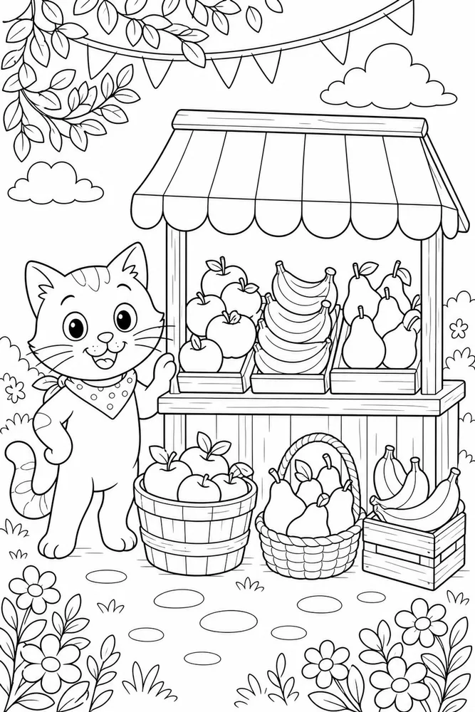 Food Cat Fruit Stand printable coloring page for kids