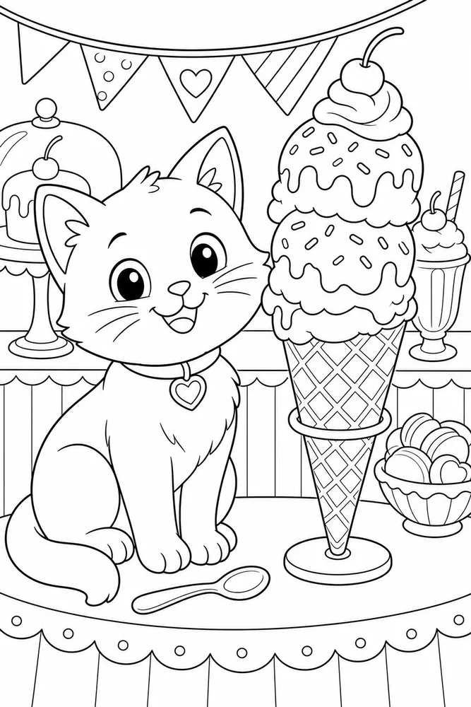 Food Cat Ice Cream Cone printable coloring page for kids