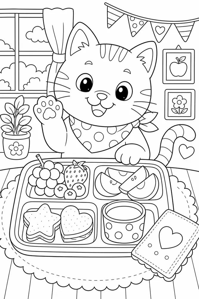 Food Cat Lunch Tray printable coloring page for kids