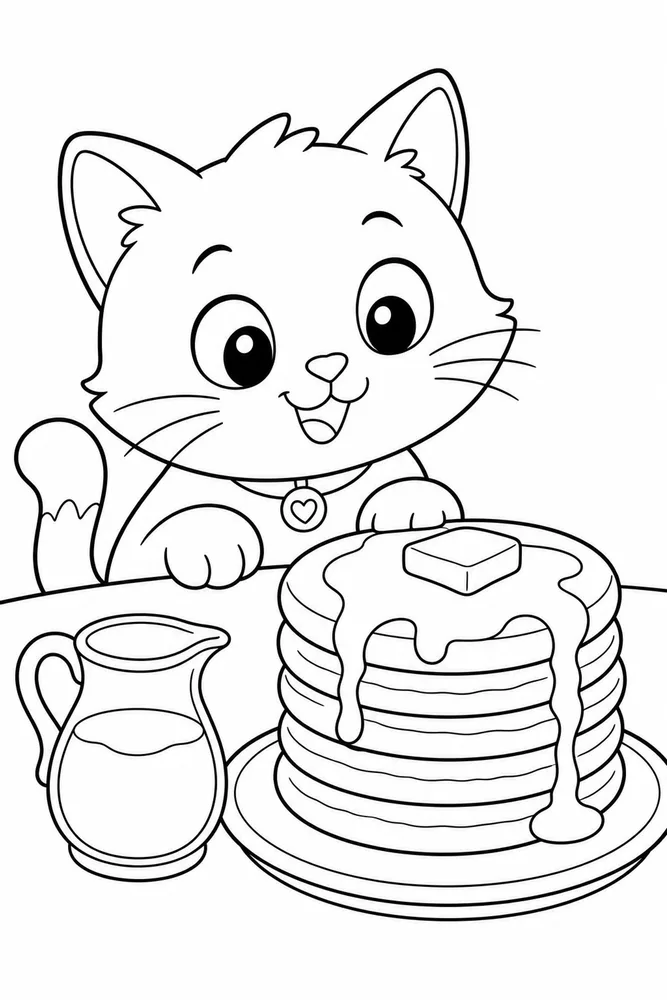 Food Cat Pancake Stack printable coloring page for kids