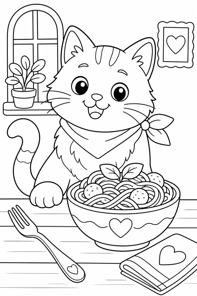 Food Cat Pasta Bowl printable coloring page for kids