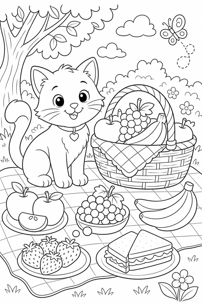 Food Cat Coloring Pages preview: Food Cat Picnic Basket printable coloring page for kids