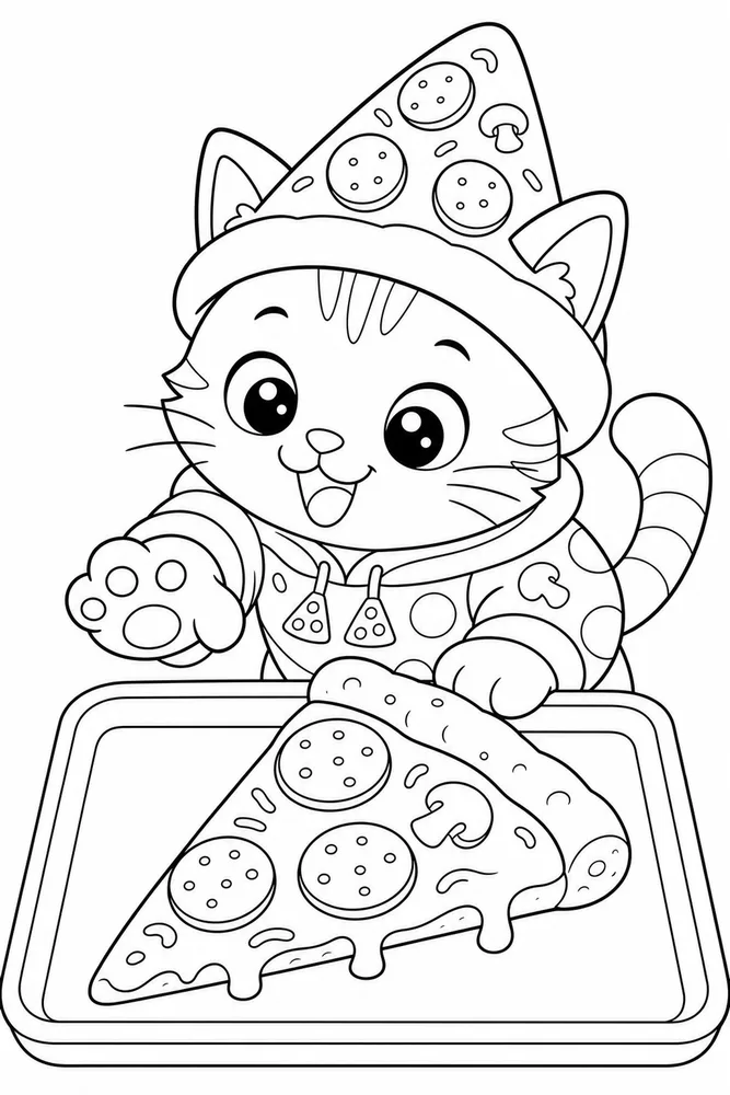 Food Cat Pizza Slice printable coloring page for kids