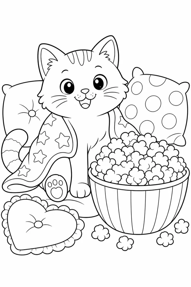 Food Cat Popcorn Bowl printable coloring page for kids