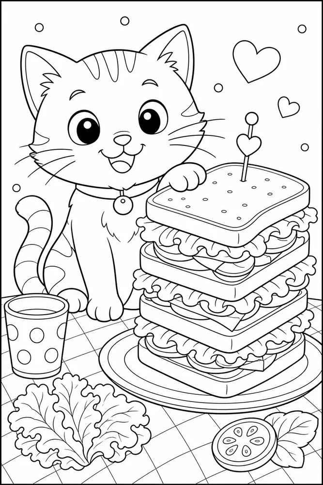 Food Cat Sandwich Stack printable coloring page for kids