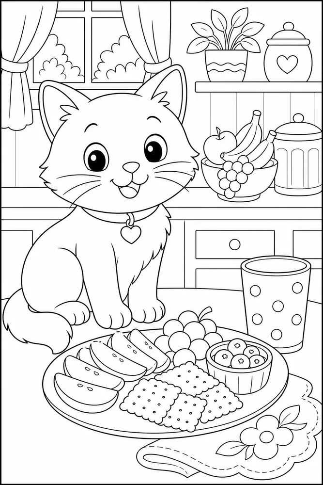 Food Cat Snack Plate printable coloring page for kids