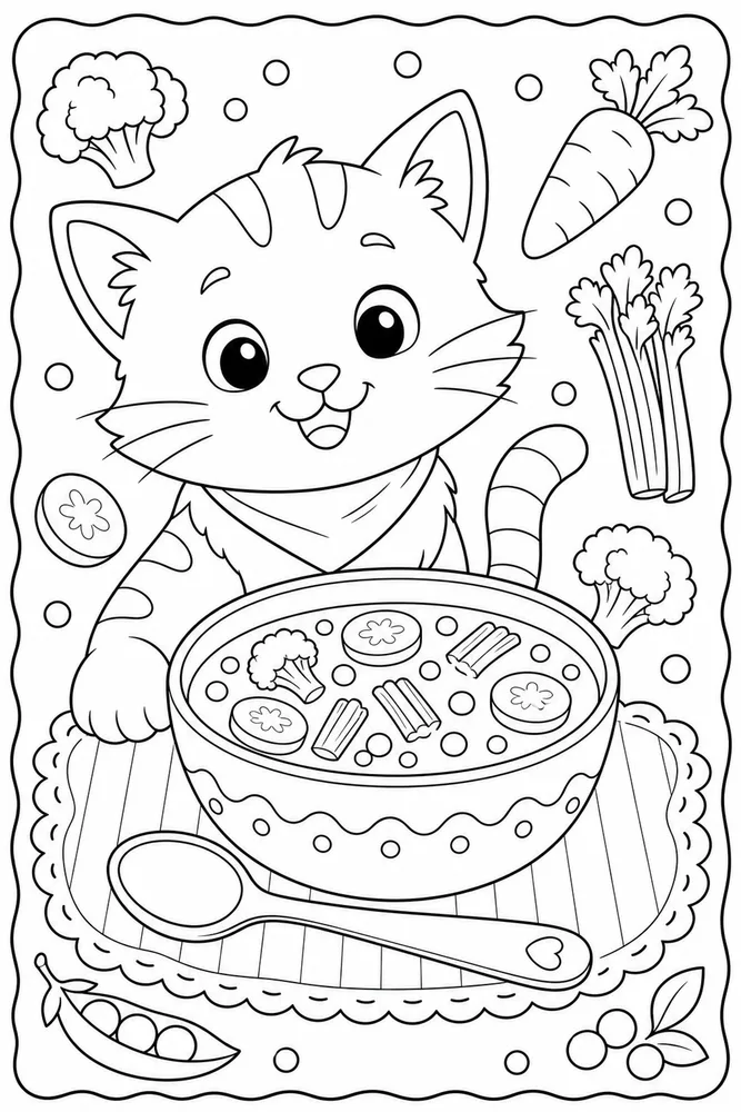 Food Cat Soup Bowl printable coloring page for kids