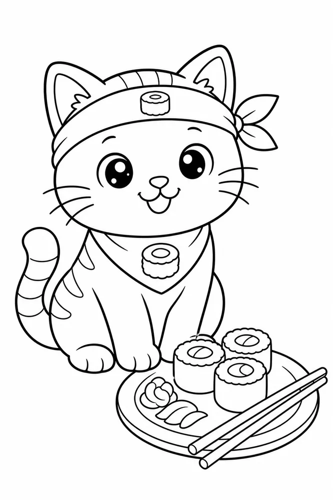 Food Cat Sushi Plate printable coloring page for kids