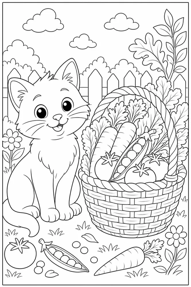 Food Cat Vegetable Basket printable coloring page for kids