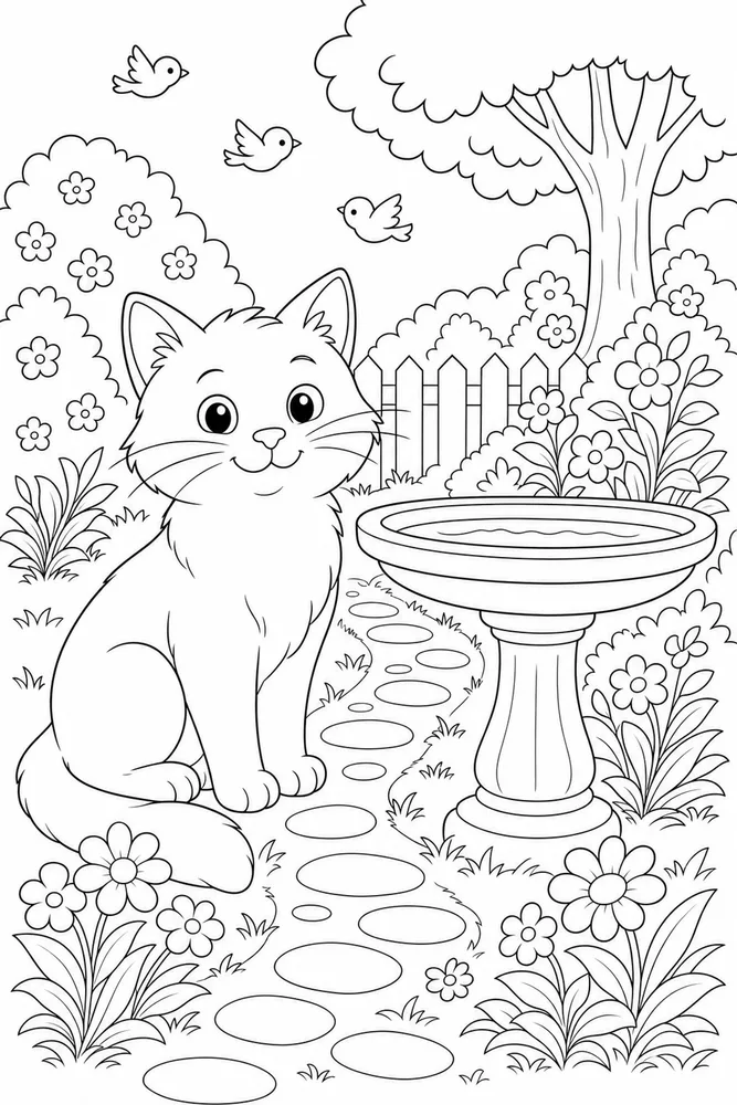 Cat beside a birdbath and garden path coloring page