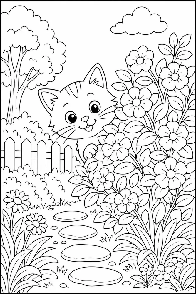 Cat peeking from behind a blooming garden bush coloring page