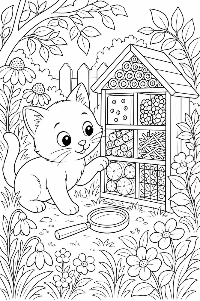 Cat exploring a small garden bug hotel coloring page