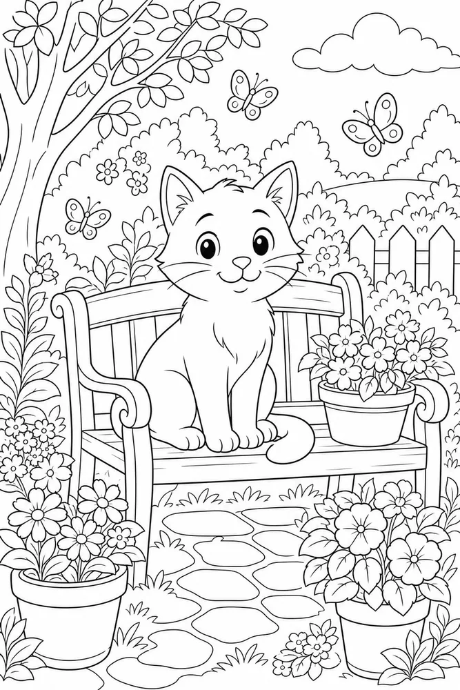 Cat on a garden bench with flowers and butterflies coloring page