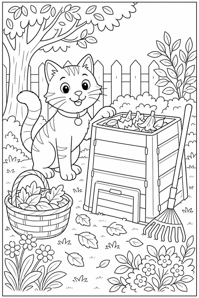 Cat beside a tidy compost bin and leaves coloring page