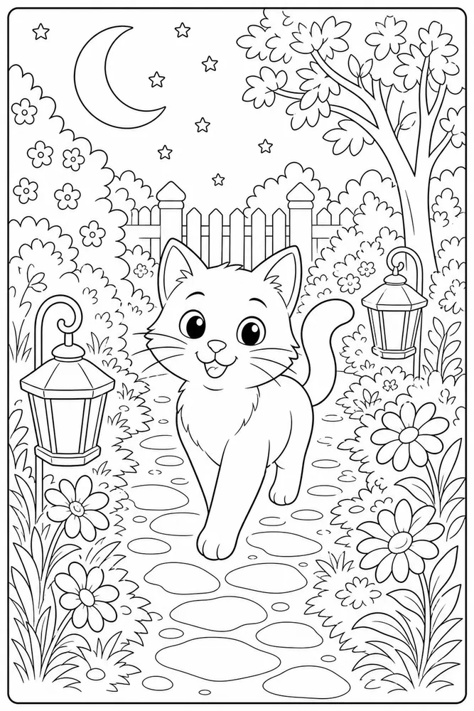 Cat on a garden path with lantern shapes coloring page