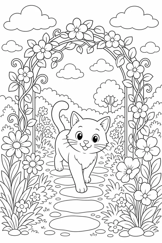 Cat walking under a flower arch with vines coloring page