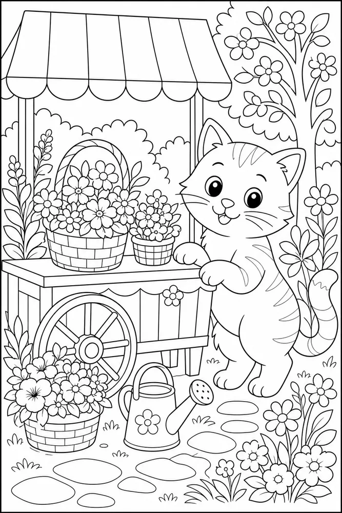 Cat beside a small flower cart with baskets coloring page