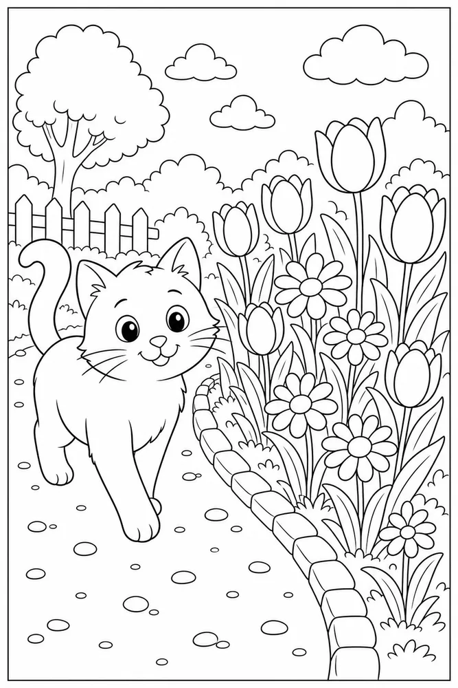 Cat walking beside a row of garden flowers coloring page