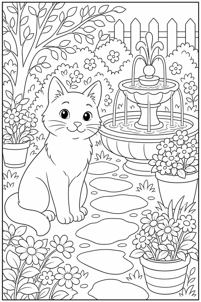 Cat near a small garden fountain with flowers coloring page
