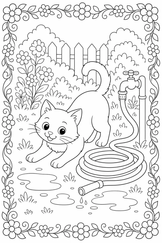 Cat near a coiled garden hose and flowers coloring page