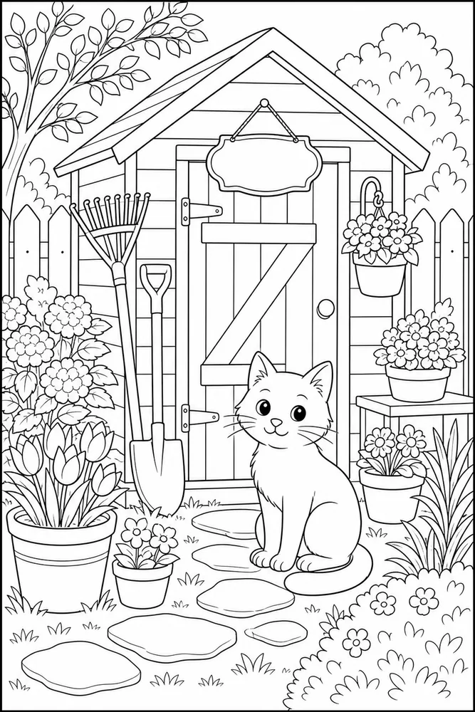Cat by a small garden shed with tools coloring page