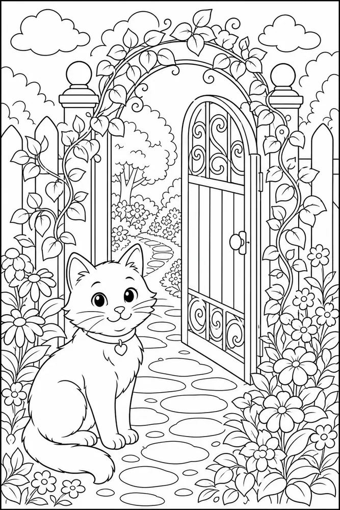 Cat waiting by a garden gate with vines coloring page