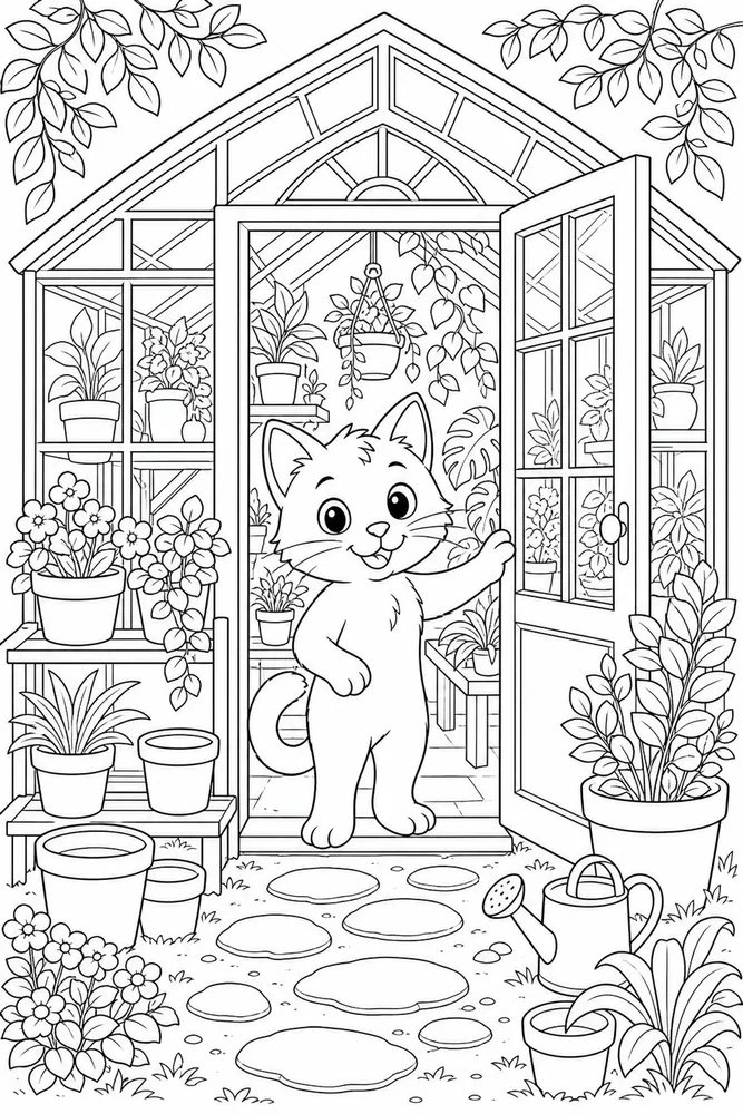 Cat at a greenhouse doorway with potted plants coloring page