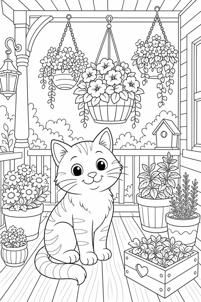 Cat under hanging planters on a garden porch coloring page