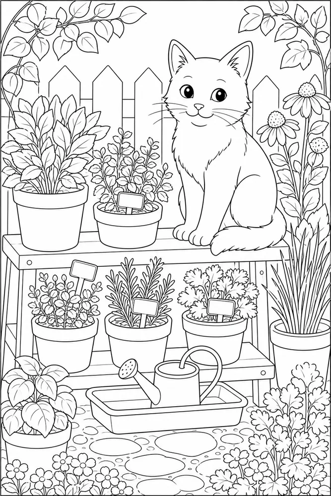 Cat with herb pots and leafy plants coloring page