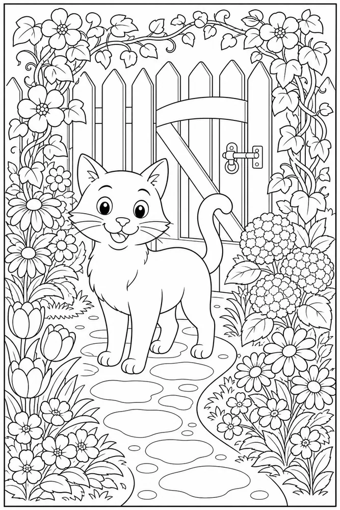 Cat by a picket fence with flower beds coloring page