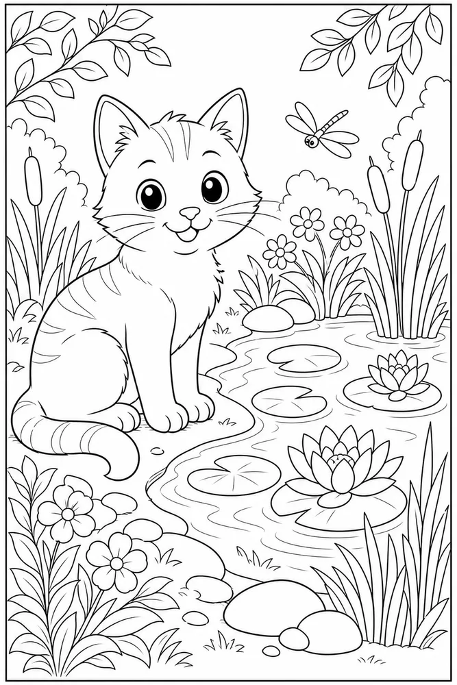 Cat beside a small garden pond with lily pads coloring page