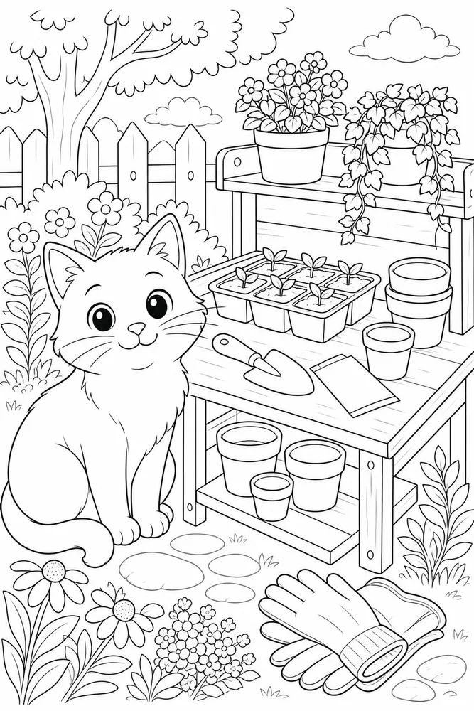 Cat beside a potting bench with tools coloring page