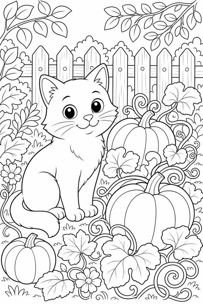 Cat sitting by pumpkin vines in a garden coloring page