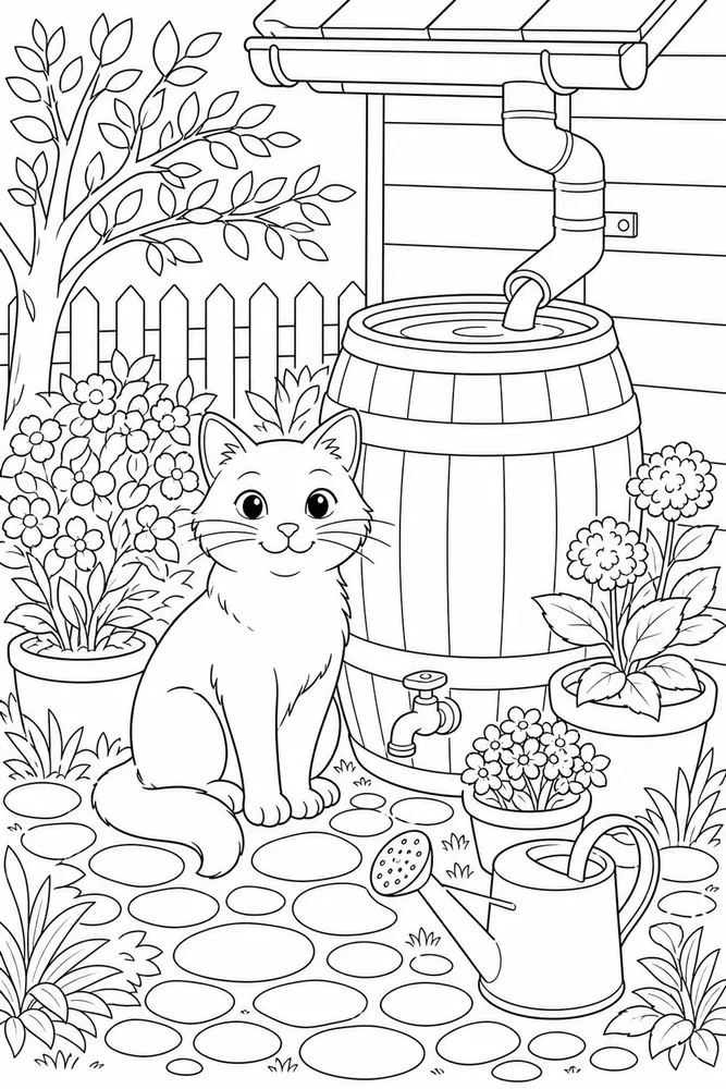 Cat beside a rain barrel and garden plants coloring page