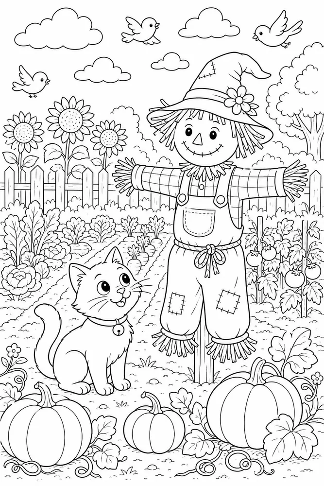 Cat near a friendly scarecrow and garden rows coloring page